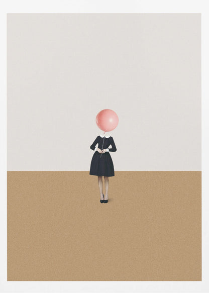 A surrealist artwork of a woman in a black dress, whose head is replaced by a pink balloon. She stands against a background horizontally divided into off-white on top and sandy brown on the bottom. Print