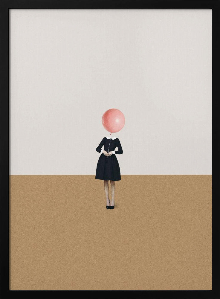 A surrealist artwork of a woman in a black dress, whose head is replaced by a pink balloon. She stands against a background horizontally divided into off-white on top and sandy brown on the bottom. Print