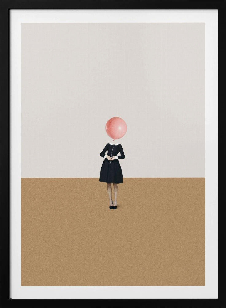 A surrealist artwork of a woman in a black dress, whose head is replaced by a pink balloon. She stands against a background horizontally divided into off-white on top and sandy brown on the bottom. Print