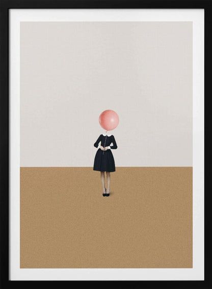A surrealist artwork of a woman in a black dress, whose head is replaced by a pink balloon. She stands against a background horizontally divided into off-white on top and sandy brown on the bottom. Print
