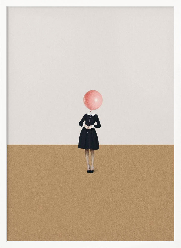 A surrealist artwork of a woman in a black dress, whose head is replaced by a pink balloon. She stands against a background horizontally divided into off-white on top and sandy brown on the bottom. Print