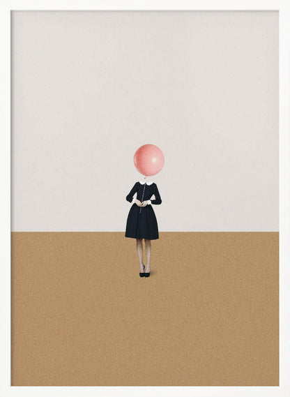 A surrealist artwork of a woman in a black dress, whose head is replaced by a pink balloon. She stands against a background horizontally divided into off-white on top and sandy brown on the bottom. Print