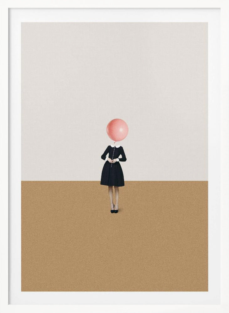 A surrealist artwork of a woman in a black dress, whose head is replaced by a pink balloon. She stands against a background horizontally divided into off-white on top and sandy brown on the bottom. Print