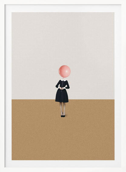 A surrealist artwork of a woman in a black dress, whose head is replaced by a pink balloon. She stands against a background horizontally divided into off-white on top and sandy brown on the bottom. Print