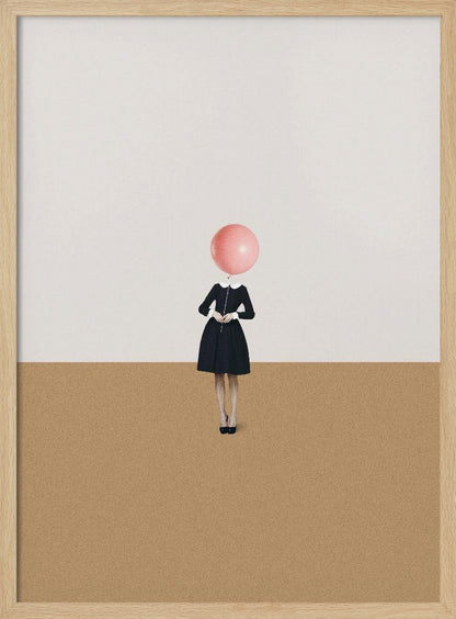 A surrealist artwork of a woman in a black dress, whose head is replaced by a pink balloon. She stands against a background horizontally divided into off-white on top and sandy brown on the bottom. Print