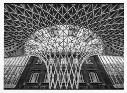 A framed, black and white photograph of the Western Concourse at King's Cross Station, London. The view is from a low angle, looking up at the intricate, white, funnel-like lattice roof structure as it spreads out across the ceiling, contrasting with the classic brick facade of the building behind it. Decor