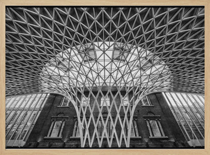 A framed, black and white photograph of the Western Concourse at King's Cross Station, London. The view is from a low angle, looking up at the intricate, white, funnel-like lattice roof structure as it spreads out across the ceiling, contrasting with the classic brick facade of the building behind it. Decor