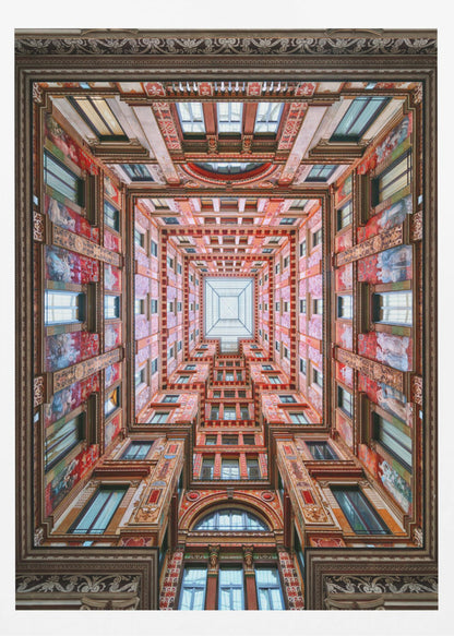 A symmetrical, worm's-eye view looking up through the center of an ornate, multi-story courtyard. The red and gold walls are covered in intricate details and frescoes, receding into the distance towards a square glass skylight. The entire artwork is presented within a decorative dark brown frame. Artwork