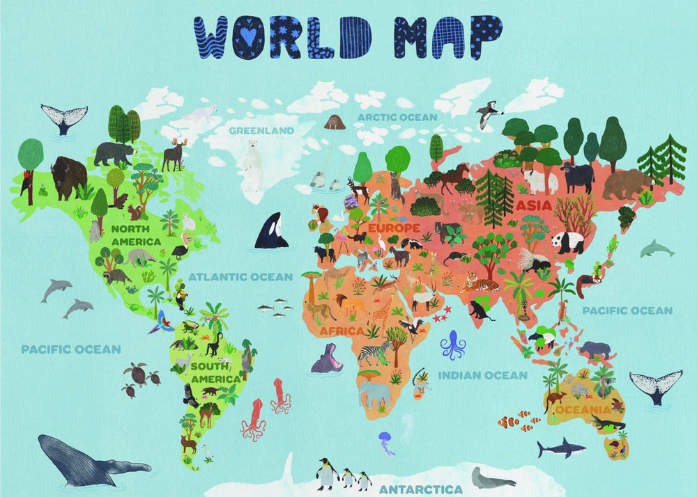 A colorful, illustrated world map for children, featuring continents populated with their native animals and plants. The map is set against a light blue ocean background with the title 'WORLD MAP' at the top in a playful blue font, all enclosed in a silver frame. Artwork