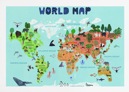 A colorful, illustrated world map for children, featuring continents populated with their native animals and plants. The map is set against a light blue ocean background with the title 'WORLD MAP' at the top in a playful blue font, all enclosed in a silver frame. Artwork