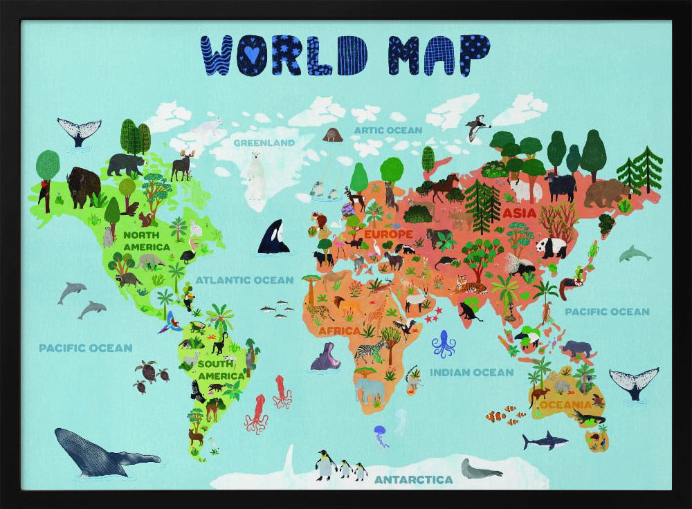 A colorful, illustrated world map for children, featuring continents populated with their native animals and plants. The map is set against a light blue ocean background with the title 'WORLD MAP' at the top in a playful blue font, all enclosed in a silver frame. Artwork