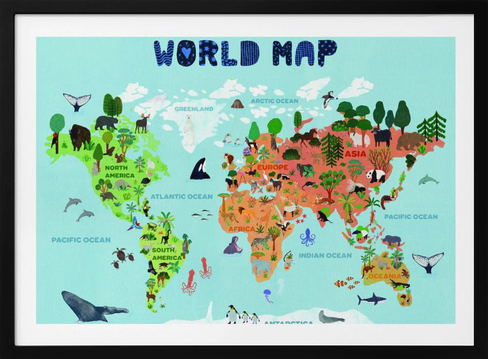 A colorful, illustrated world map for children, featuring continents populated with their native animals and plants. The map is set against a light blue ocean background with the title 'WORLD MAP' at the top in a playful blue font, all enclosed in a silver frame. Artwork