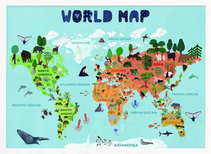 A colorful, illustrated world map for children, featuring continents populated with their native animals and plants. The map is set against a light blue ocean background with the title 'WORLD MAP' at the top in a playful blue font, all enclosed in a silver frame. Artwork