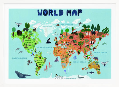 A colorful, illustrated world map for children, featuring continents populated with their native animals and plants. The map is set against a light blue ocean background with the title 'WORLD MAP' at the top in a playful blue font, all enclosed in a silver frame. Artwork