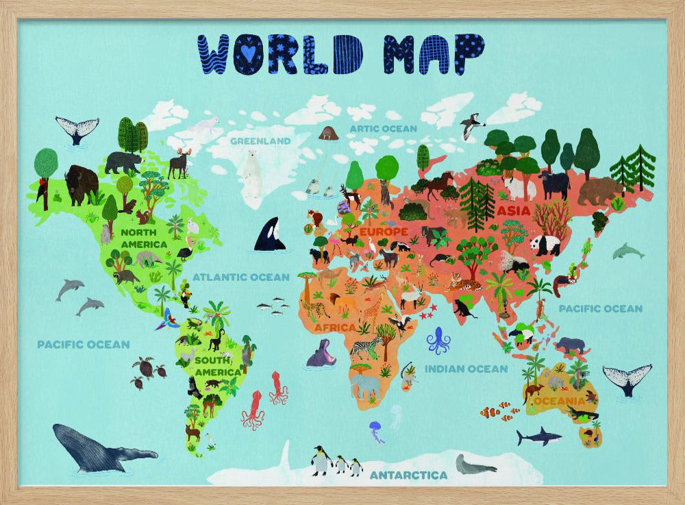 A colorful, illustrated world map for children, featuring continents populated with their native animals and plants. The map is set against a light blue ocean background with the title 'WORLD MAP' at the top in a playful blue font, all enclosed in a silver frame. Artwork