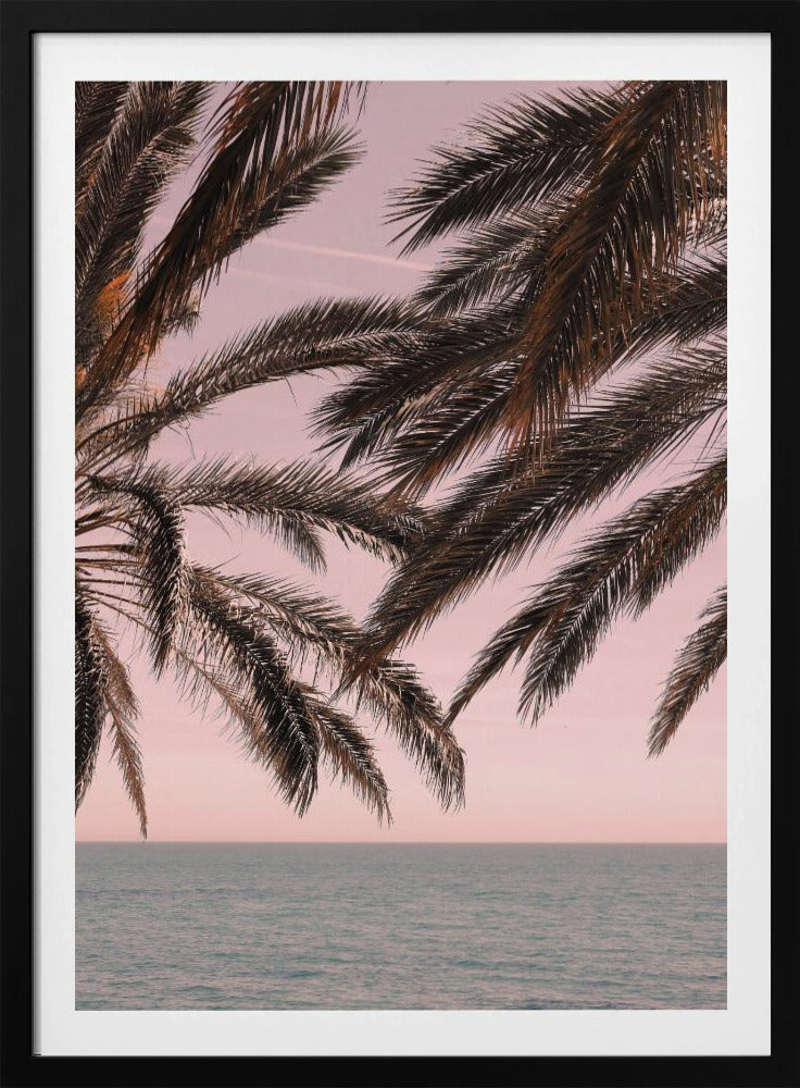Dark palm tree fronds hang over a calm teal ocean under a soft pink sky, creating a serene and tropical atmosphere. The view is from under the palm tree looking out towards the water. Artwork