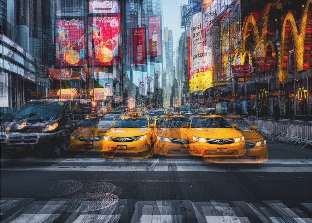 A dynamic multiple-exposure photograph of Times Square in New York City, featuring a line of iconic yellow taxi cabs on a crosswalk. The background is a blur of towering skyscrapers and vibrant, glowing billboards for brands like Coca-Cola and McDonald's, creating a sense of bustling city life and movement. Poster