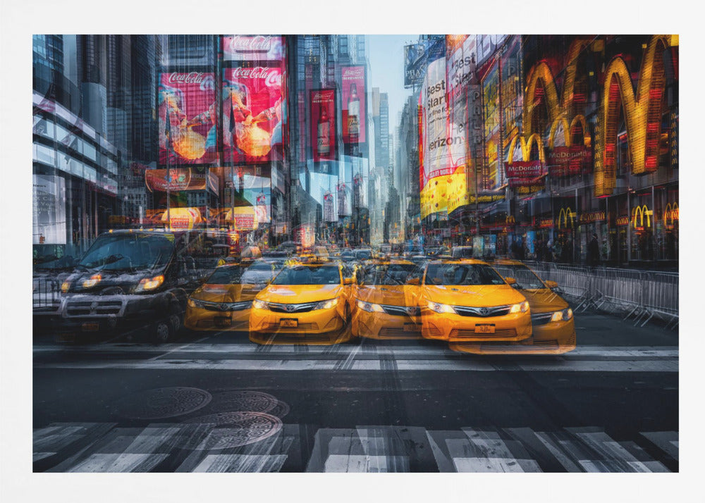 A dynamic multiple-exposure photograph of Times Square in New York City, featuring a line of iconic yellow taxi cabs on a crosswalk. The background is a blur of towering skyscrapers and vibrant, glowing billboards for brands like Coca-Cola and McDonald's, creating a sense of bustling city life and movement. Poster