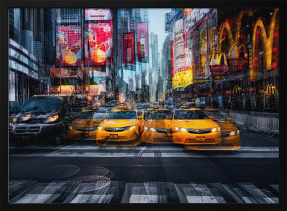 A dynamic multiple-exposure photograph of Times Square in New York City, featuring a line of iconic yellow taxi cabs on a crosswalk. The background is a blur of towering skyscrapers and vibrant, glowing billboards for brands like Coca-Cola and McDonald's, creating a sense of bustling city life and movement. Poster