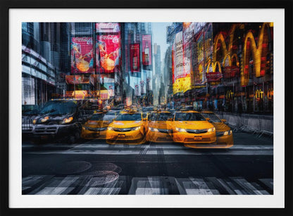 A dynamic multiple-exposure photograph of Times Square in New York City, featuring a line of iconic yellow taxi cabs on a crosswalk. The background is a blur of towering skyscrapers and vibrant, glowing billboards for brands like Coca-Cola and McDonald's, creating a sense of bustling city life and movement. Poster