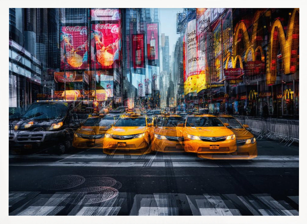 A dynamic multiple-exposure photograph of Times Square in New York City, featuring a line of iconic yellow taxi cabs on a crosswalk. The background is a blur of towering skyscrapers and vibrant, glowing billboards for brands like Coca-Cola and McDonald's, creating a sense of bustling city life and movement. Poster