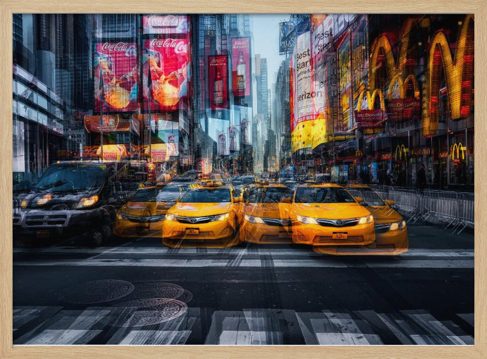 A dynamic multiple-exposure photograph of Times Square in New York City, featuring a line of iconic yellow taxi cabs on a crosswalk. The background is a blur of towering skyscrapers and vibrant, glowing billboards for brands like Coca-Cola and McDonald's, creating a sense of bustling city life and movement. Poster