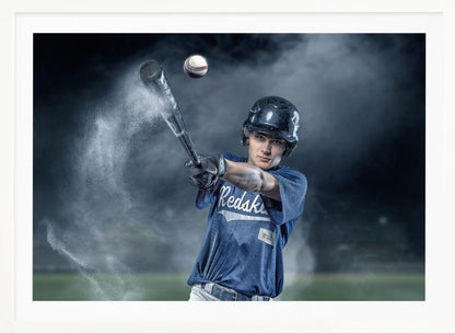 A dramatic, framed portrait of a young baseball player in a blue jersey and helmet, captured in the moment of hitting a baseball, with a cloud of dust exploding from the bat against a dark, smoky background. Poster