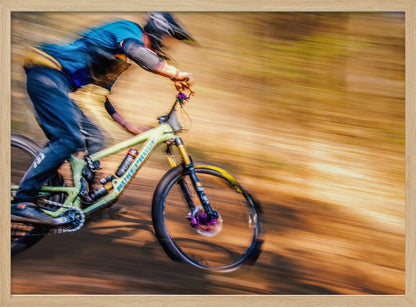 An action shot of a mountain biker in full gear speeding down a dirt trail, captured with a motion blur effect that streaks the brown and green background, conveying a sense of intense speed. Poster