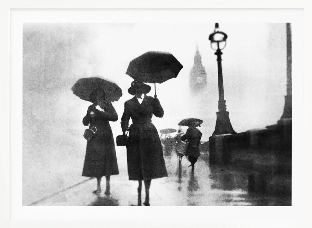 A vintage black and white photograph of people with umbrellas walking on a wet, foggy day in London. The silhouettes of the people are dark against the misty background, where the faint outline of Big Ben and a street lamp are visible. Wall Art