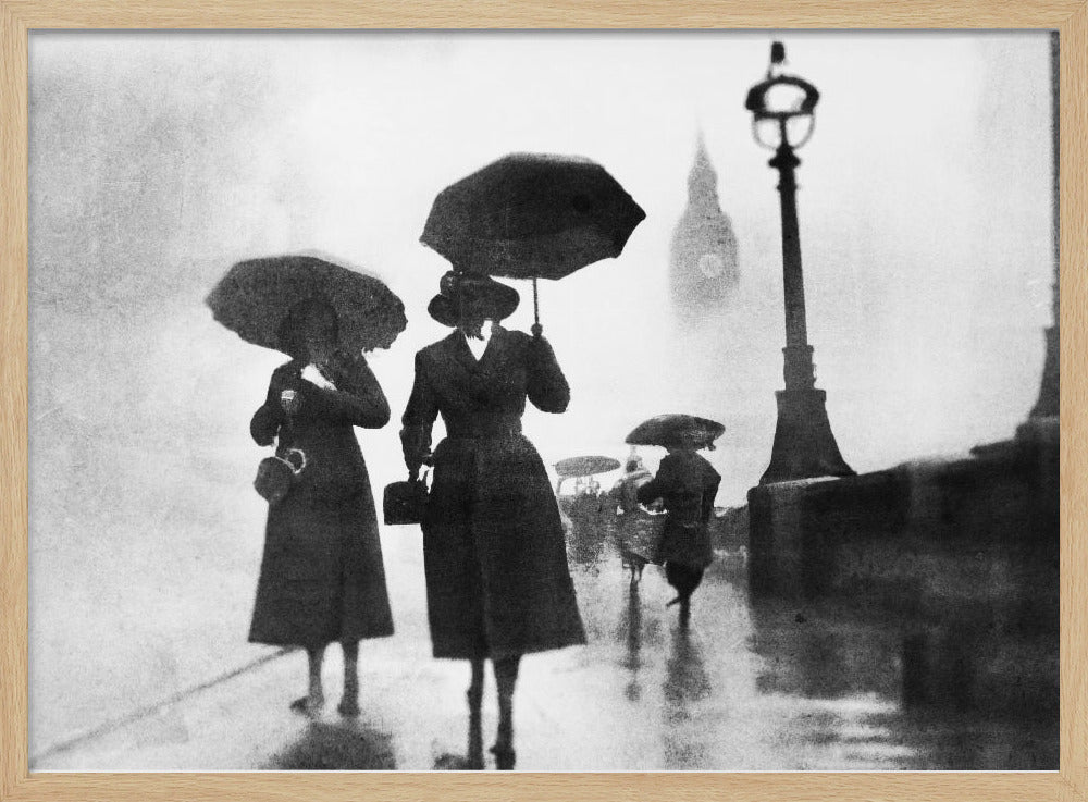 A vintage black and white photograph of people with umbrellas walking on a wet, foggy day in London. The silhouettes of the people are dark against the misty background, where the faint outline of Big Ben and a street lamp are visible. Wall Art