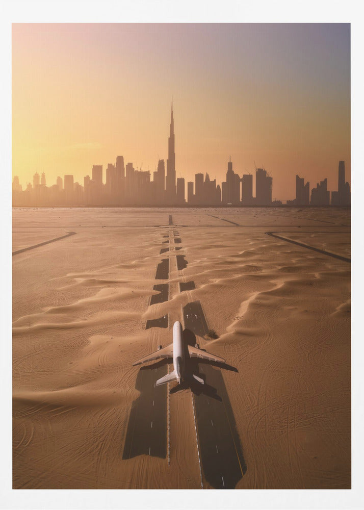 A surreal high-angle view of a white airplane on a runway partially buried in desert sand, pointing towards the Dubai city skyline during a hazy orange sunset. Decor