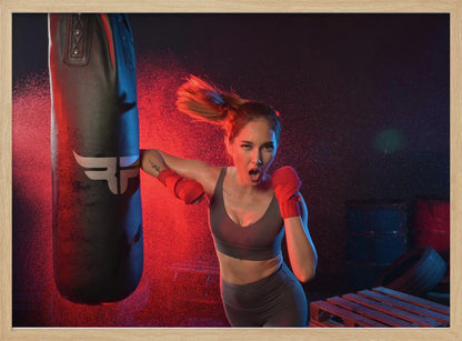 An athletic woman with her hair in a ponytail and red hand wraps fiercely punches a black heavy bag, her mouth open mid-shout. The scene is dramatically lit with red and blue light, and water droplets spray through the air from the impact. Poster