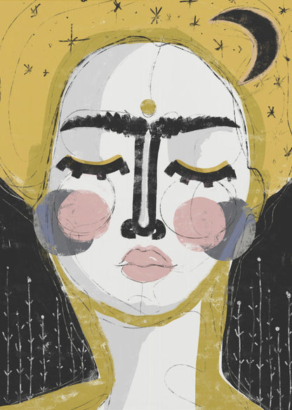 An abstract, framed painting of a serene face with closed eyes. The face is rendered in white with pink blush on the cheeks and bold, black lines for the unibrow and nose. A golden dot adorns the forehead. The background is a vibrant mustard yellow featuring a black crescent moon and simple star sketches. Wall Art