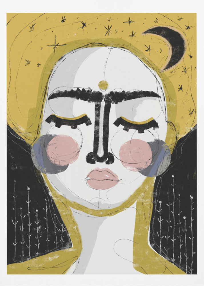 An abstract, framed painting of a serene face with closed eyes. The face is rendered in white with pink blush on the cheeks and bold, black lines for the unibrow and nose. A golden dot adorns the forehead. The background is a vibrant mustard yellow featuring a black crescent moon and simple star sketches. Wall Art