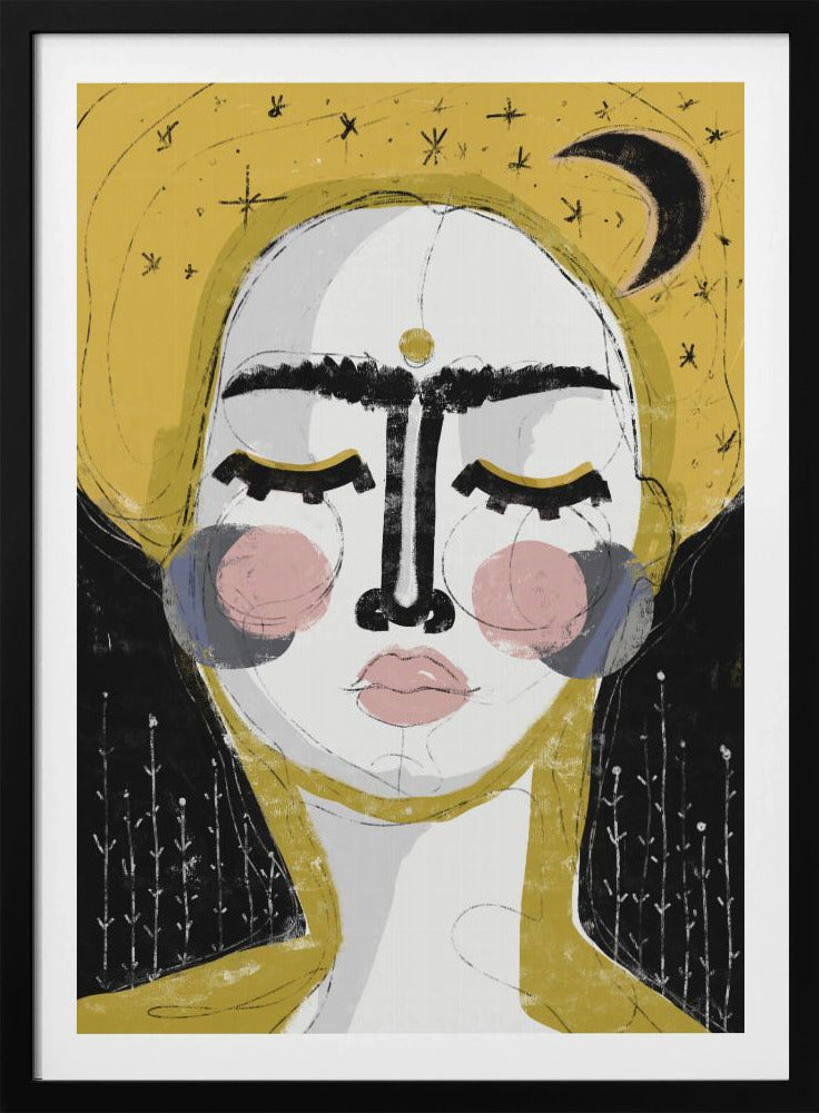 An abstract, framed painting of a serene face with closed eyes. The face is rendered in white with pink blush on the cheeks and bold, black lines for the unibrow and nose. A golden dot adorns the forehead. The background is a vibrant mustard yellow featuring a black crescent moon and simple star sketches. Wall Art