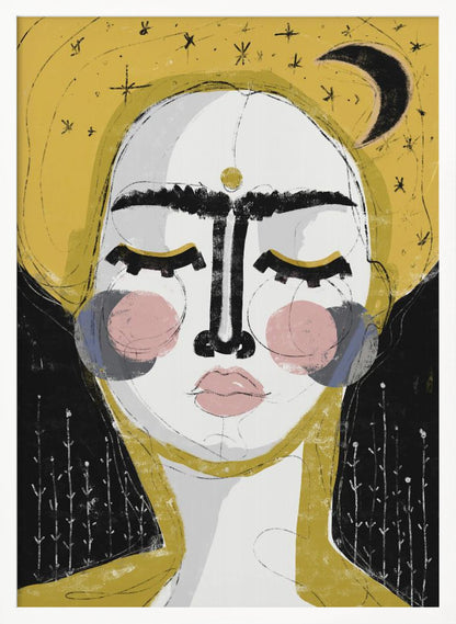 An abstract, framed painting of a serene face with closed eyes. The face is rendered in white with pink blush on the cheeks and bold, black lines for the unibrow and nose. A golden dot adorns the forehead. The background is a vibrant mustard yellow featuring a black crescent moon and simple star sketches. Wall Art