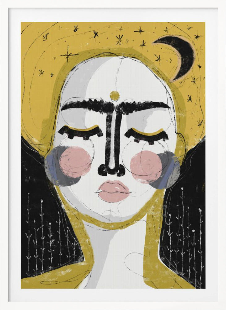 An abstract, framed painting of a serene face with closed eyes. The face is rendered in white with pink blush on the cheeks and bold, black lines for the unibrow and nose. A golden dot adorns the forehead. The background is a vibrant mustard yellow featuring a black crescent moon and simple star sketches. Wall Art