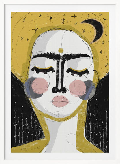 An abstract, framed painting of a serene face with closed eyes. The face is rendered in white with pink blush on the cheeks and bold, black lines for the unibrow and nose. A golden dot adorns the forehead. The background is a vibrant mustard yellow featuring a black crescent moon and simple star sketches. Wall Art
