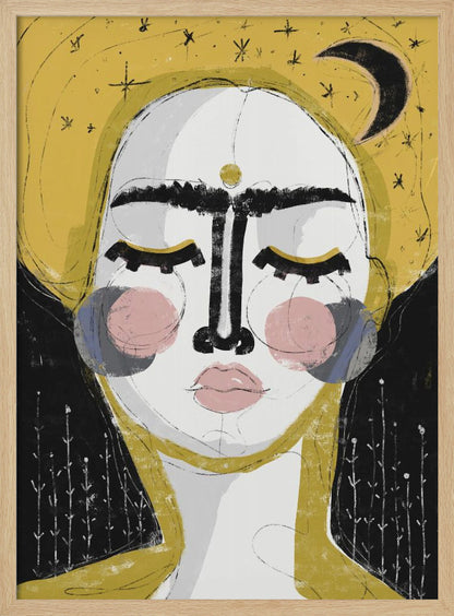 An abstract, framed painting of a serene face with closed eyes. The face is rendered in white with pink blush on the cheeks and bold, black lines for the unibrow and nose. A golden dot adorns the forehead. The background is a vibrant mustard yellow featuring a black crescent moon and simple star sketches. Wall Art