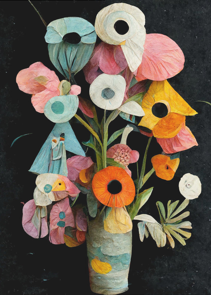 An abstract digital painting of a colorful bouquet of flowers in a textured vase against a solid black background. The flowers are stylized with a paper-cut or collage effect, featuring vibrant shades of pink, teal, orange, and white with prominent dark centers. Wall Art