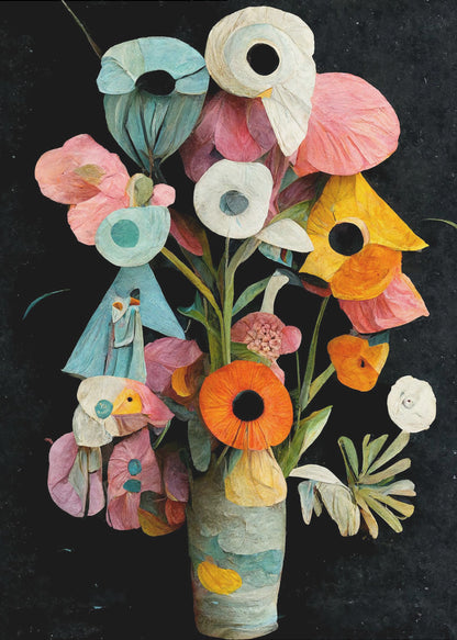 An abstract digital painting of a colorful bouquet of flowers in a textured vase against a solid black background. The flowers are stylized with a paper-cut or collage effect, featuring vibrant shades of pink, teal, orange, and white with prominent dark centers. Wall Art