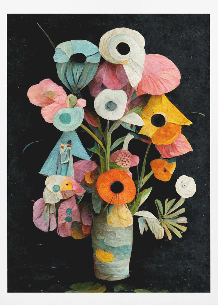 An abstract digital painting of a colorful bouquet of flowers in a textured vase against a solid black background. The flowers are stylized with a paper-cut or collage effect, featuring vibrant shades of pink, teal, orange, and white with prominent dark centers. Wall Art