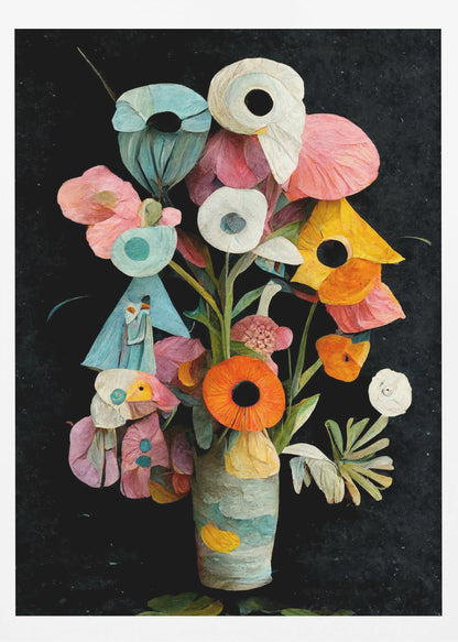 An abstract digital painting of a colorful bouquet of flowers in a textured vase against a solid black background. The flowers are stylized with a paper-cut or collage effect, featuring vibrant shades of pink, teal, orange, and white with prominent dark centers. Wall Art