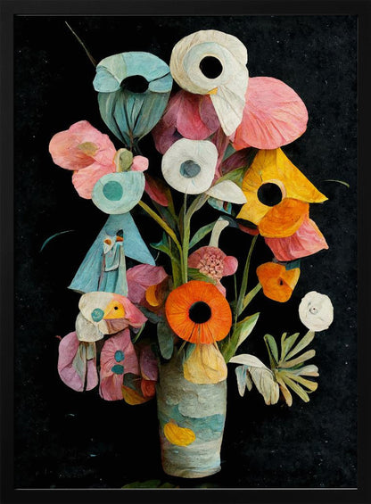 An abstract digital painting of a colorful bouquet of flowers in a textured vase against a solid black background. The flowers are stylized with a paper-cut or collage effect, featuring vibrant shades of pink, teal, orange, and white with prominent dark centers. Wall Art