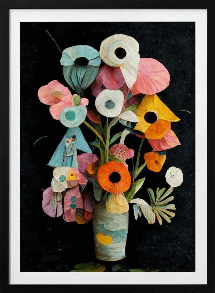 An abstract digital painting of a colorful bouquet of flowers in a textured vase against a solid black background. The flowers are stylized with a paper-cut or collage effect, featuring vibrant shades of pink, teal, orange, and white with prominent dark centers. Wall Art