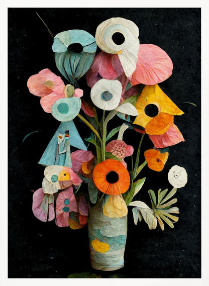 An abstract digital painting of a colorful bouquet of flowers in a textured vase against a solid black background. The flowers are stylized with a paper-cut or collage effect, featuring vibrant shades of pink, teal, orange, and white with prominent dark centers. Wall Art