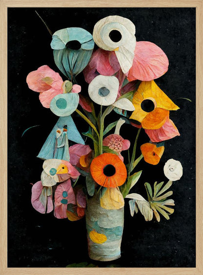 An abstract digital painting of a colorful bouquet of flowers in a textured vase against a solid black background. The flowers are stylized with a paper-cut or collage effect, featuring vibrant shades of pink, teal, orange, and white with prominent dark centers. Wall Art