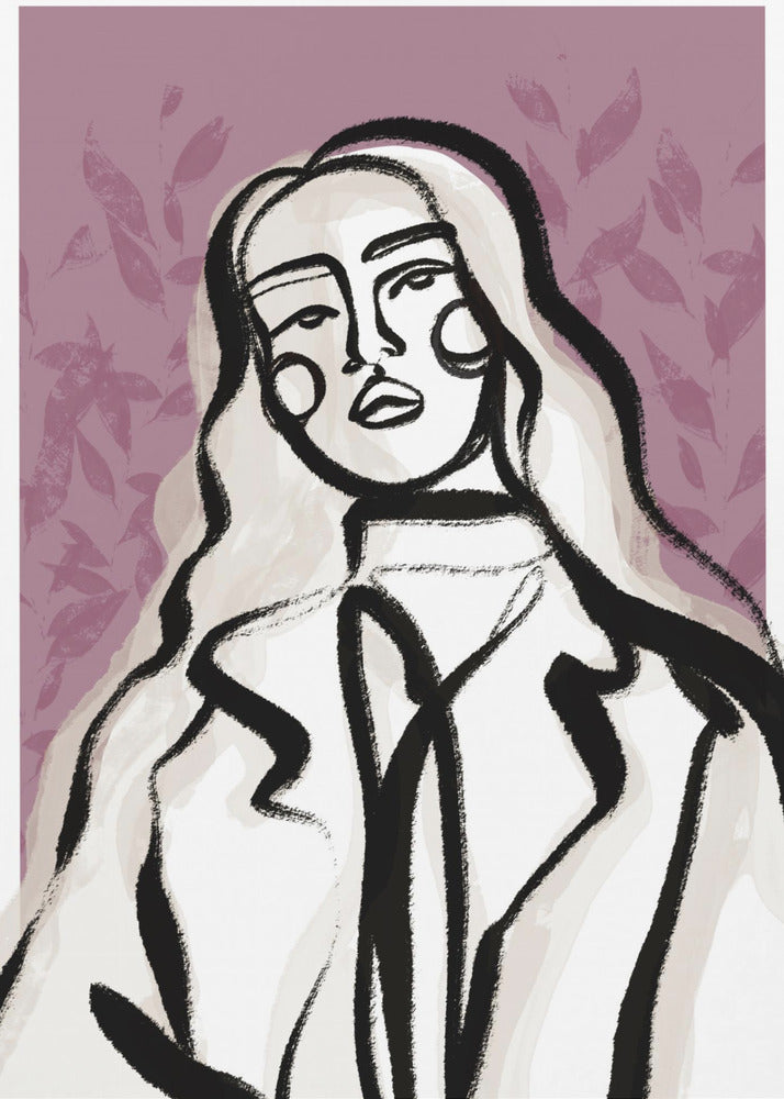 An abstract fashion illustration of a woman with long, wavy, light-colored hair, outlined in bold black brushstrokes. She wears a coat over a high-necked shirt, set against a dusty purple background with a faint leaf pattern. Wall Art