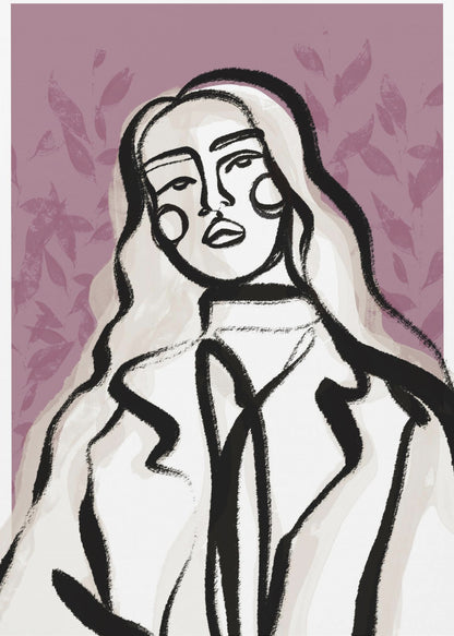 An abstract fashion illustration of a woman with long, wavy, light-colored hair, outlined in bold black brushstrokes. She wears a coat over a high-necked shirt, set against a dusty purple background with a faint leaf pattern. Wall Art