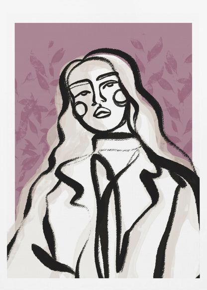 An abstract fashion illustration of a woman with long, wavy, light-colored hair, outlined in bold black brushstrokes. She wears a coat over a high-necked shirt, set against a dusty purple background with a faint leaf pattern. Wall Art